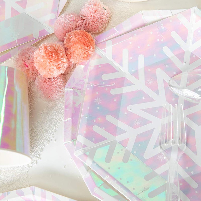 Ipalmay Christmas Snowflake Party Supplies Set Serves 16, Iridescent Pink Themed Party Supplies, Snowflake Paper Plates, Paper Napkins, Paper Cups Straws Spoons Forks - Image 3
